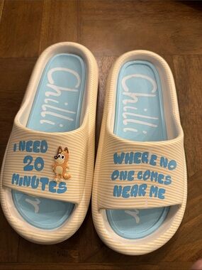 Chilli Slide Sandals - Blue & Cream "I Need 20 Minutes" Women’s size 9
